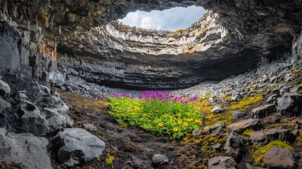 Dramatic cave interior with wildflower garden illuminated by skylight