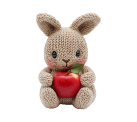 Cute Knitted Bunny Holding an Apple on Transparent Background