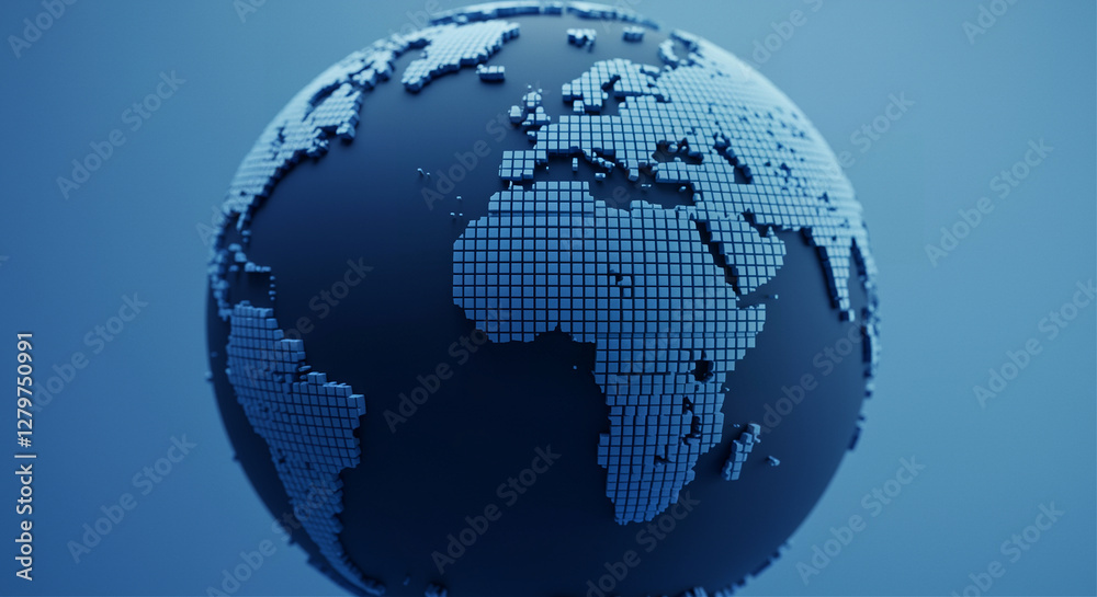 Poster globe digital globe with global network on blue background. digital globe shows continents made of c