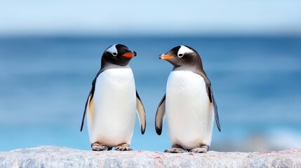 Naklejka premium Two Gentoo penguins facing each other on Antarctic coast