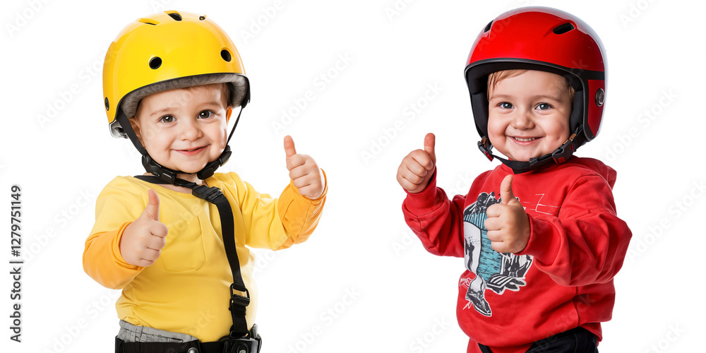 Poster portrait of two smiling little boys with helmet and showing thumbs up, isolated on transparent backg