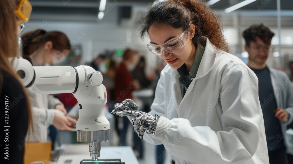Poster a woman in a lab coat is working with a robot