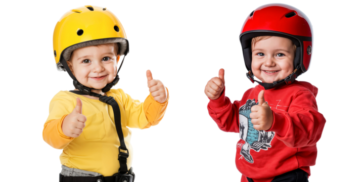 Portrait of two smiling little boys with helmet and showing thumbs up, isolated on transparent background