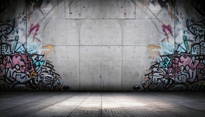 Naklejka premium Urban street art with vibrant graffiti on a concrete wall in an empty warehouse space