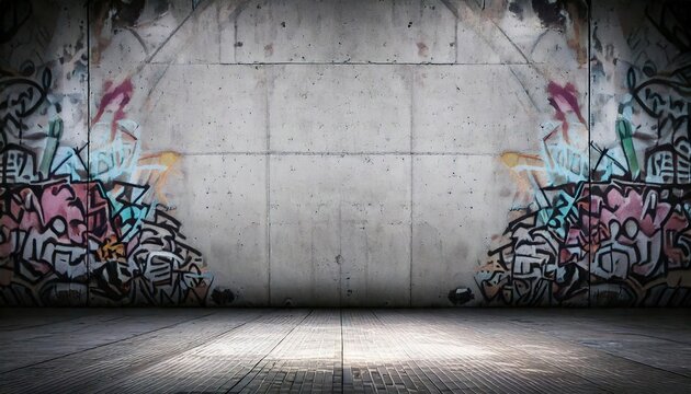 Urban street art with vibrant graffiti on a concrete wall in an empty warehouse space