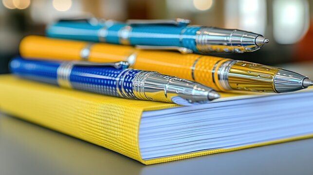 Luxury pens atop yellow book, blurred cafe