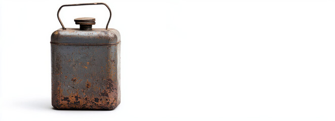 Old metal canister with rust and handle, isolated on white background