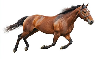 Obraz premium Dynamic Brown Horse Running Gracefully Across a White Background