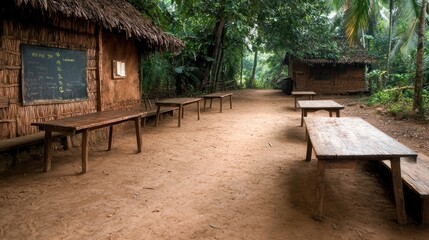 Obraz premium Rustic Village School Tables Outdoor