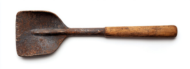 Aged metal shovel with worn wooden handle, perfect for gardening tasks