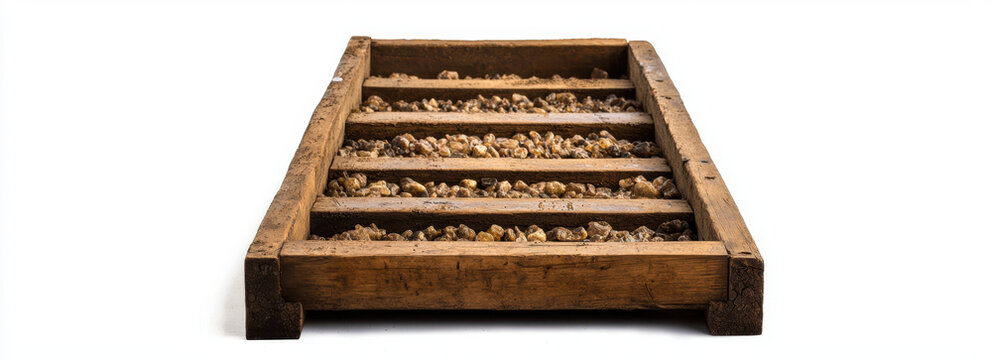 Wooden sluice box with gravel, ideal for mining and water flow