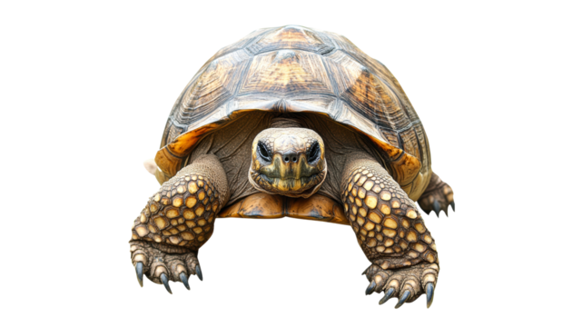 Tortoise walking slowly on a white background