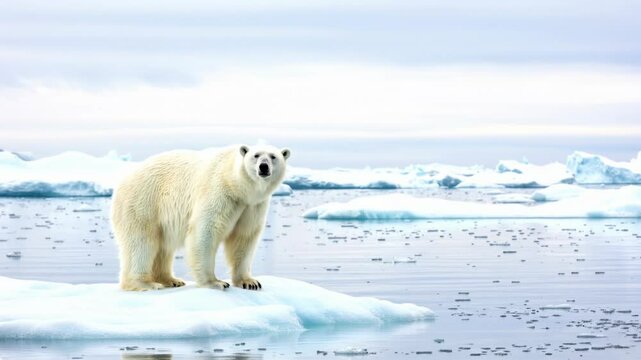 Majestic Polar Bear Standing on Ice Floe in Arctic Waters Stock Footage