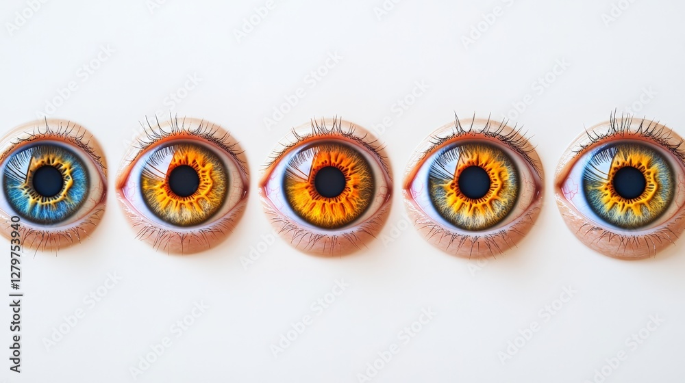 Aufkleber Five open human eyes arranged in a row display a captivating gradient of iris colors, transitioning from blue and green to yellow, orange, and brown against a white background