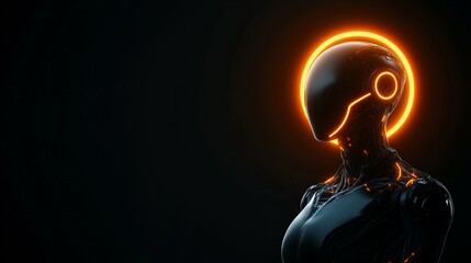 Futuristic female robot with glowing halo. Dark background, sleek design, vibrant orange accents. Sci-fi, technology, AI concept.