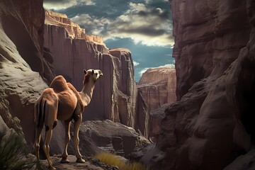 Bactrian Camel in a Deep Canyon Landscape