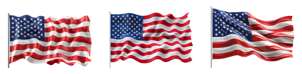 Fototapeta premium Three American flags waving in the wind on a transparent background