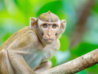 Fototapeta premium A close-up image of a curious monkey perched on a tree branch, its gaze focused and intense. The vibrant green background highlights the animal's natural habitat in the wild.