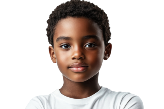 Young boy with confident expression in white shirt