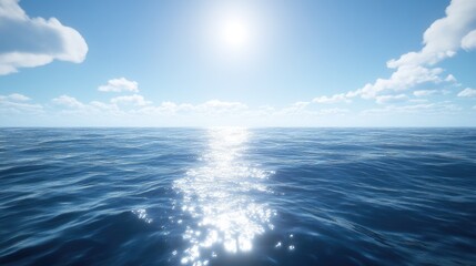 A vast open sea under a bright blue sky, soft ripples on the water surface, perfect for background use.
