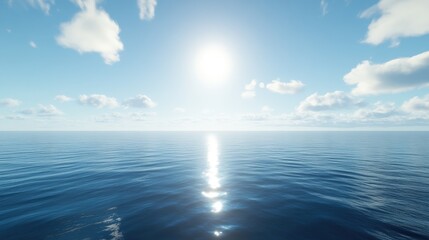 A vast open sea under a bright blue sky, soft ripples on the water surface, perfect for background use.