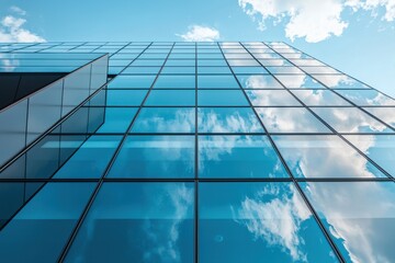 Modern glass building with cloud reflections on a sunny day in an urban environment