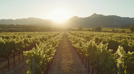 Fototapeta premium A vineyard with rows of grapevines stretching into the distance, open and airy for text overlay.