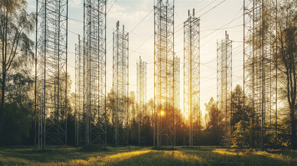 A scenic image of power lines stretching towards the horizon during sunset, capturing the beauty of nature and modern infrastructure combined.