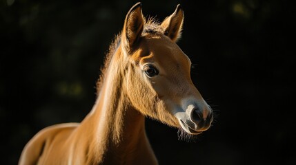 Fototapeta premium Portrait of a Young Foal Against a Softly Lit Background