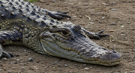 Fototapeta premium Detailed portrait of a formidable crocodile resting on earthy ground