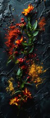 Moody overhead shot of flowers and spices on dark textured surface, sharp focus, bright contrasting colors, cinematic style noise artifacts.