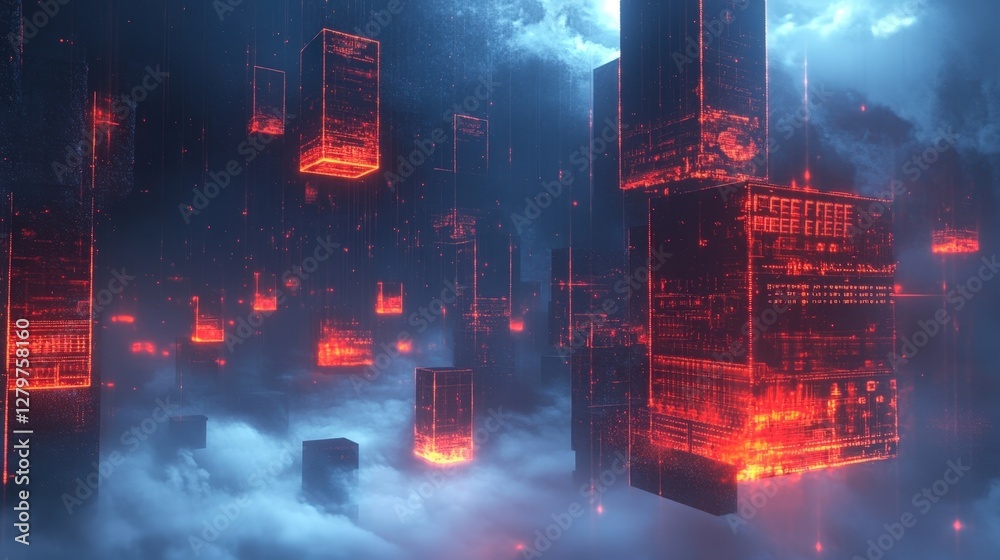 Poster glowing red server blocks are transferring data in a futuristic cityscape above the clouds, represen