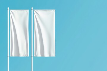 Blank white flags on light blue background for design mockup and branding purposes