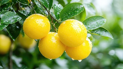 Ripe lemons on branch, rain, orchard, fresh citrus