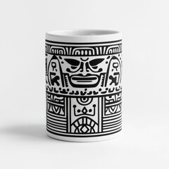 White Mug Features Black Tribal Design