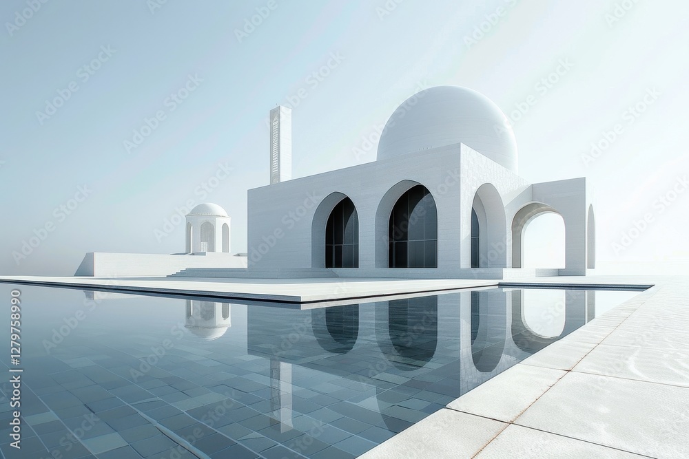 Poster modern architectural structure reflected in calm water under a clear sky during daylight