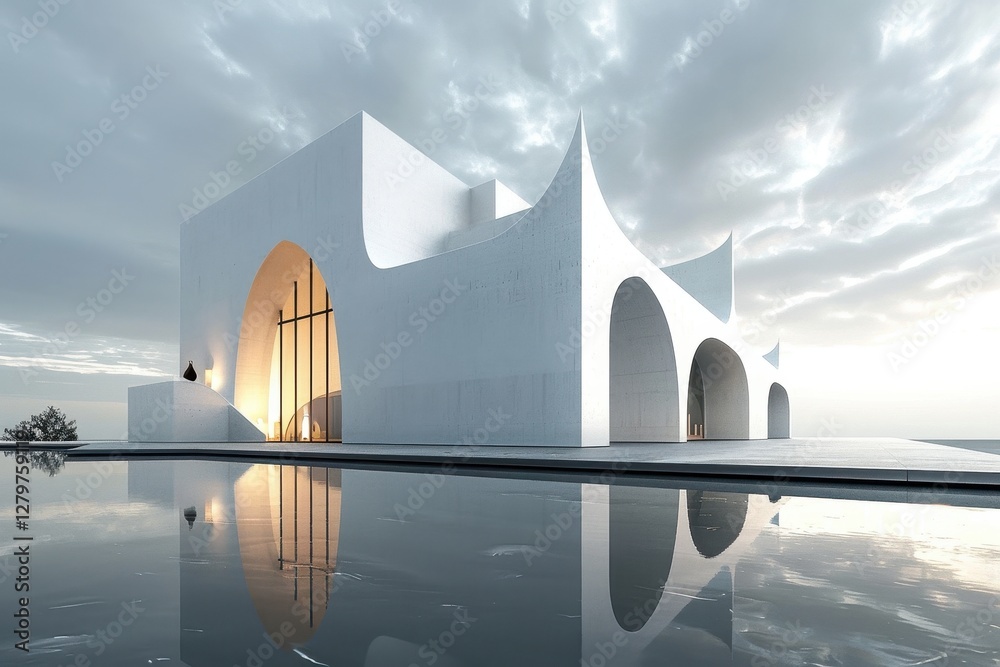 Poster modern architectural structure reflected in calm water under a clear sky during daylight