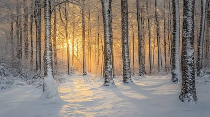 A winter wonderland at dawn, golden sunrise warming the icy landscape and snow-covered trees.