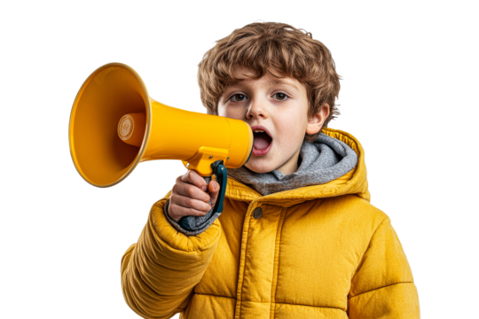 Boy enthusiastically uses yellow megaphone indoors