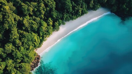 Bird's-eye view of an untouched island paradise, soft white beaches and dense jungle.