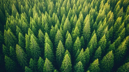 Fototapeta premium Bird's-eye view of a dense pine forest stretching into the horizon, aerial perspective with copy space.