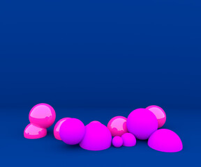 Falling purple, violet balls in the dark blue background. 3d render illustration for advertising.