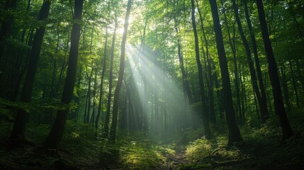 Obraz premium Dense woodland with rays of sunlight breaking through thick tree canopies, spacious for text.
