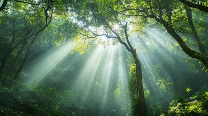 Dense woodland with rays of sunlight breaking through thick tree canopies, spacious for text.