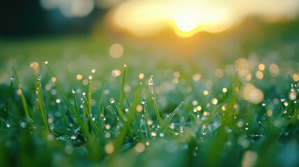 Obraz premium Dew-covered forest floor in early morning light, fresh green hues and natural textures.