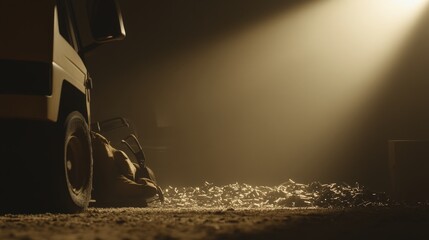 Dramatic low-angle shot of numerous bullet casings scattered on the ground near a vehicle, illuminated by a single spotlight in a dimly lit environment.
