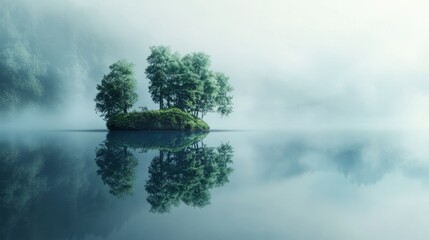 Magical Floating Island on Mirrored Lake
