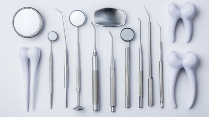 Professional dentist tools including steel scraper mirror arranged neatly from above