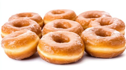 Freshly glazed donuts arranged in a tempting display, perfect for desserts or snacks