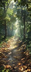 Obraz premium Sunlit forest path dew-kissed leaves a figure walks far serenity reigns detailed textures abundant a peaceful tranquil environment.